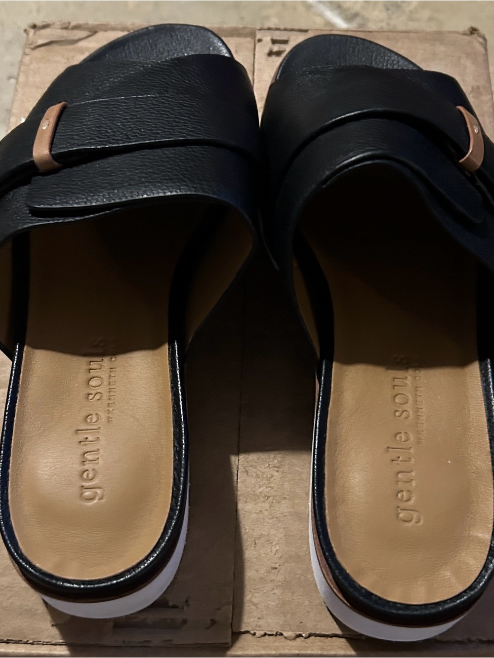 gentle souls Black Leather Slide Mules with Buckle Accent